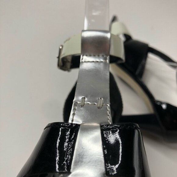 Franco SARTO Shiny Black Silver Patent Leather T-Strap Colorblock Sandal Heels - Picture 7 of 13